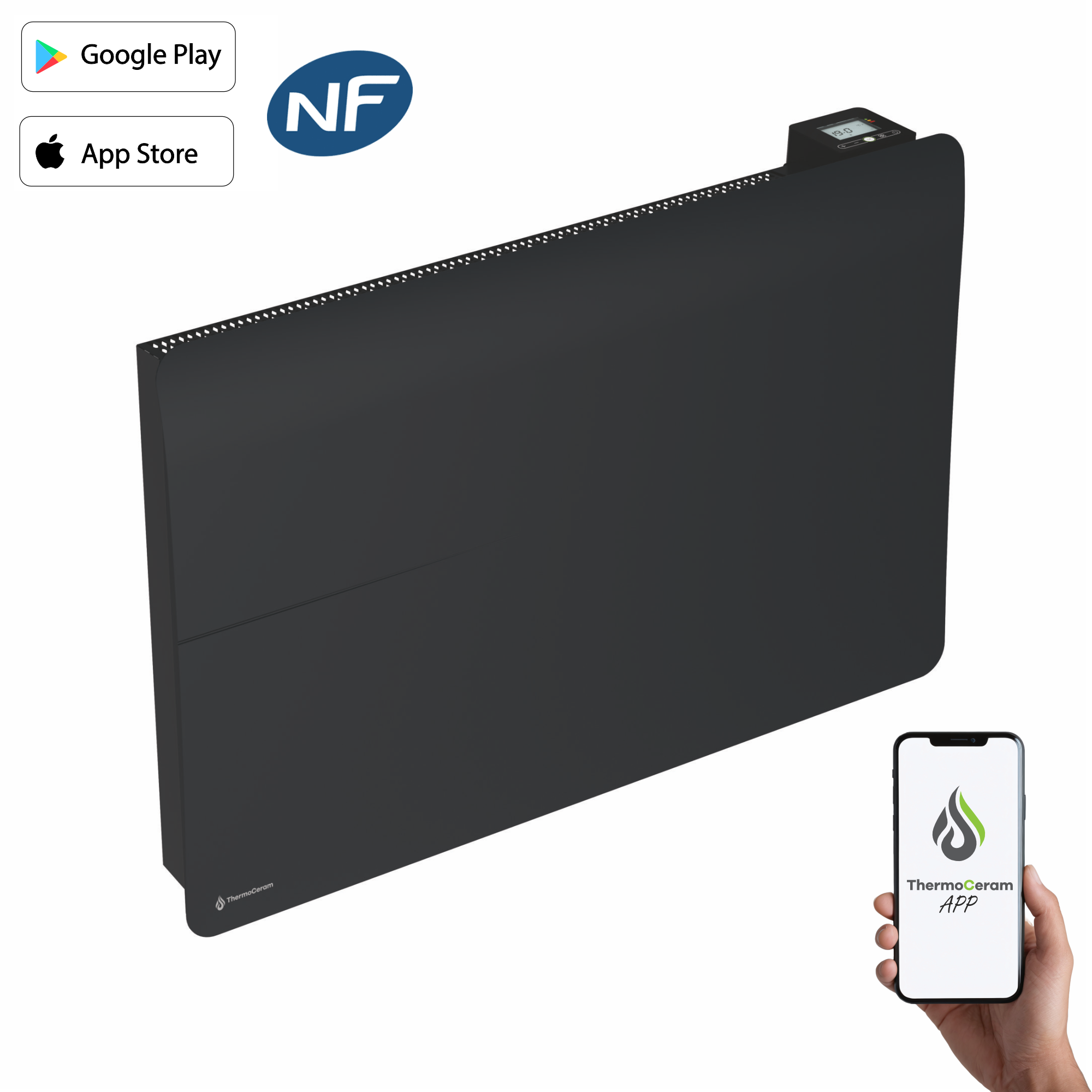 Radiateur électrique connecté 2000W double système de chauffe horizontal Noir Cira