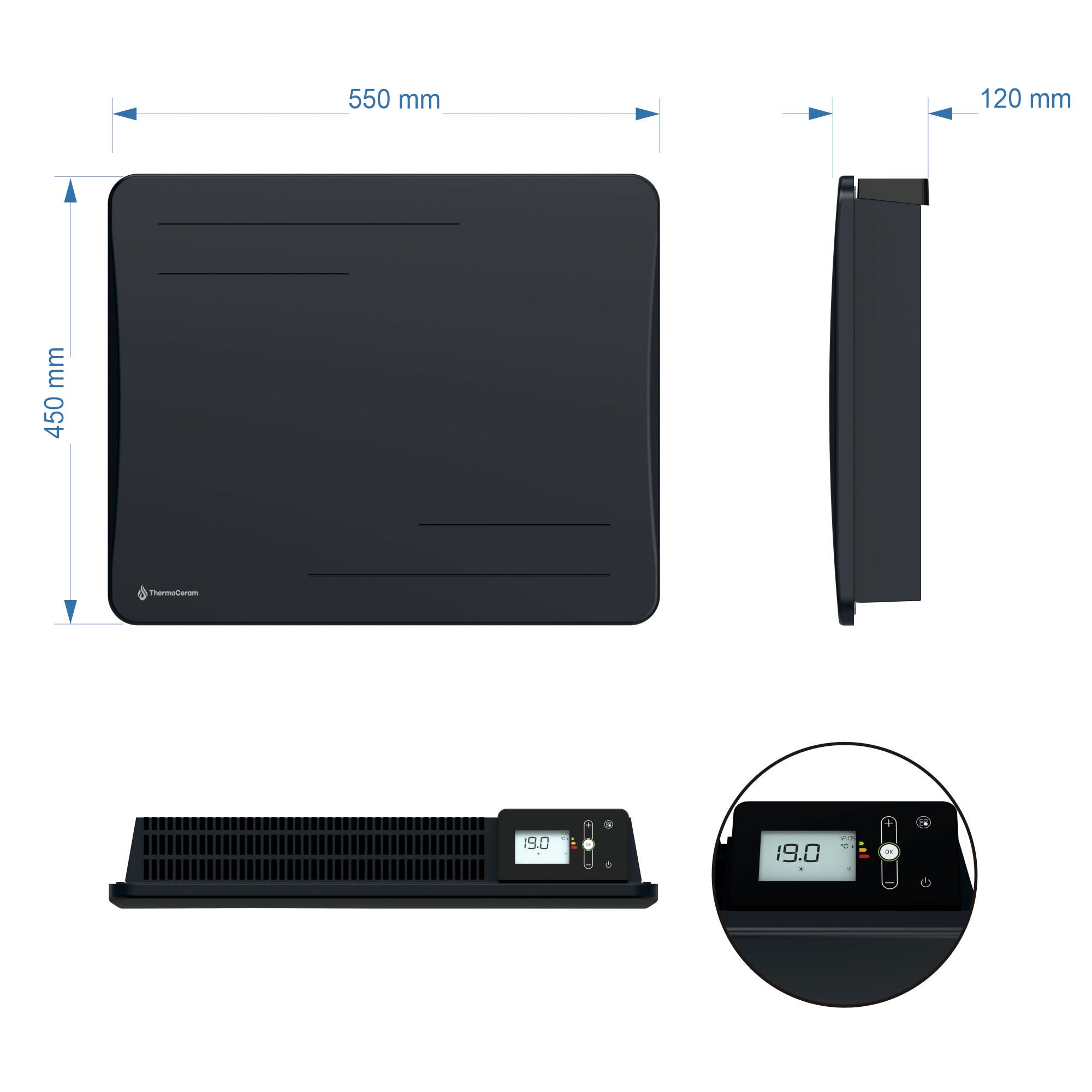 Radiateur électrique connecté 1000W à inertie sèche céramique horizontal Noir Alice
