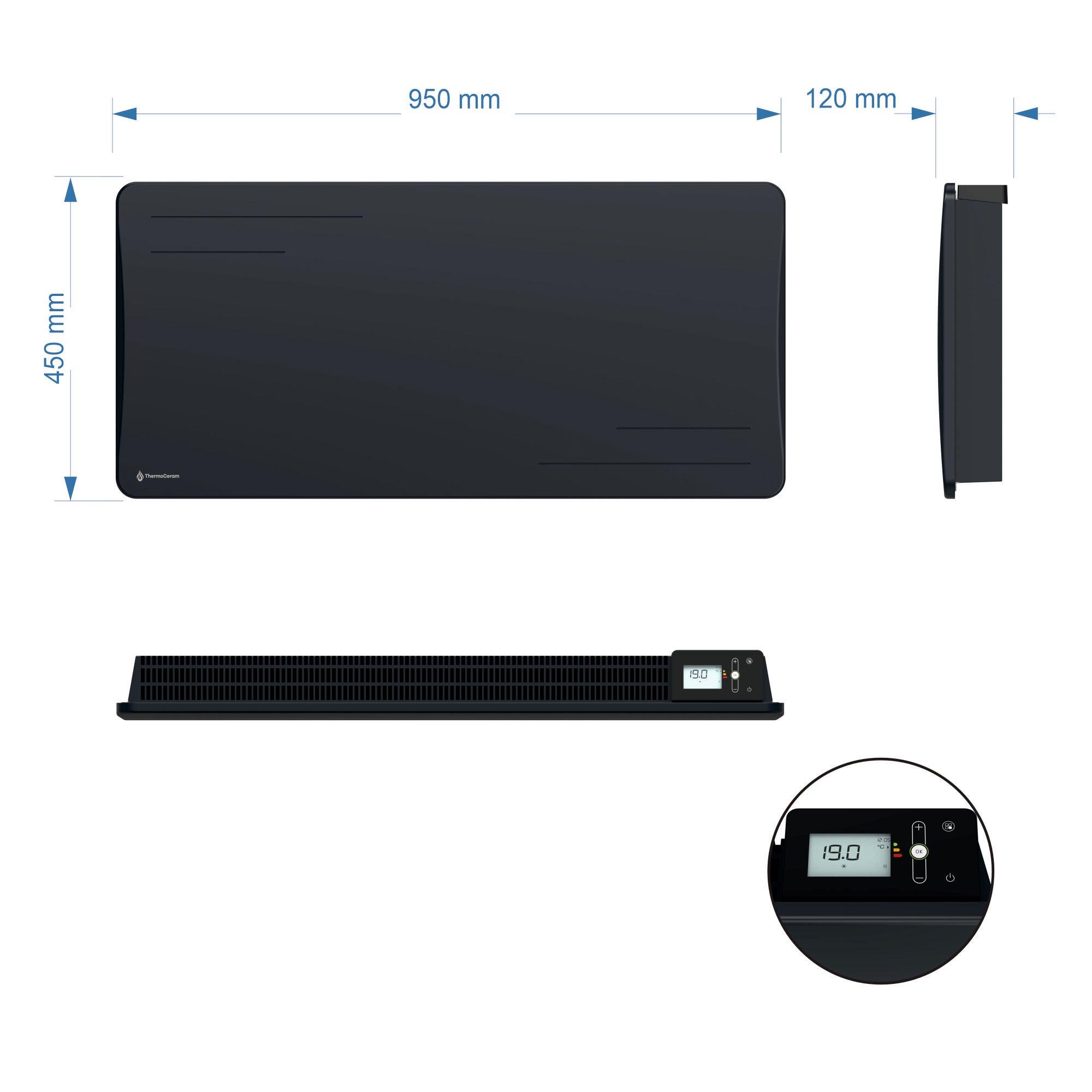 Radiateur électrique connecté 2000W à inertie sèche céramique horizontal Noir Alice