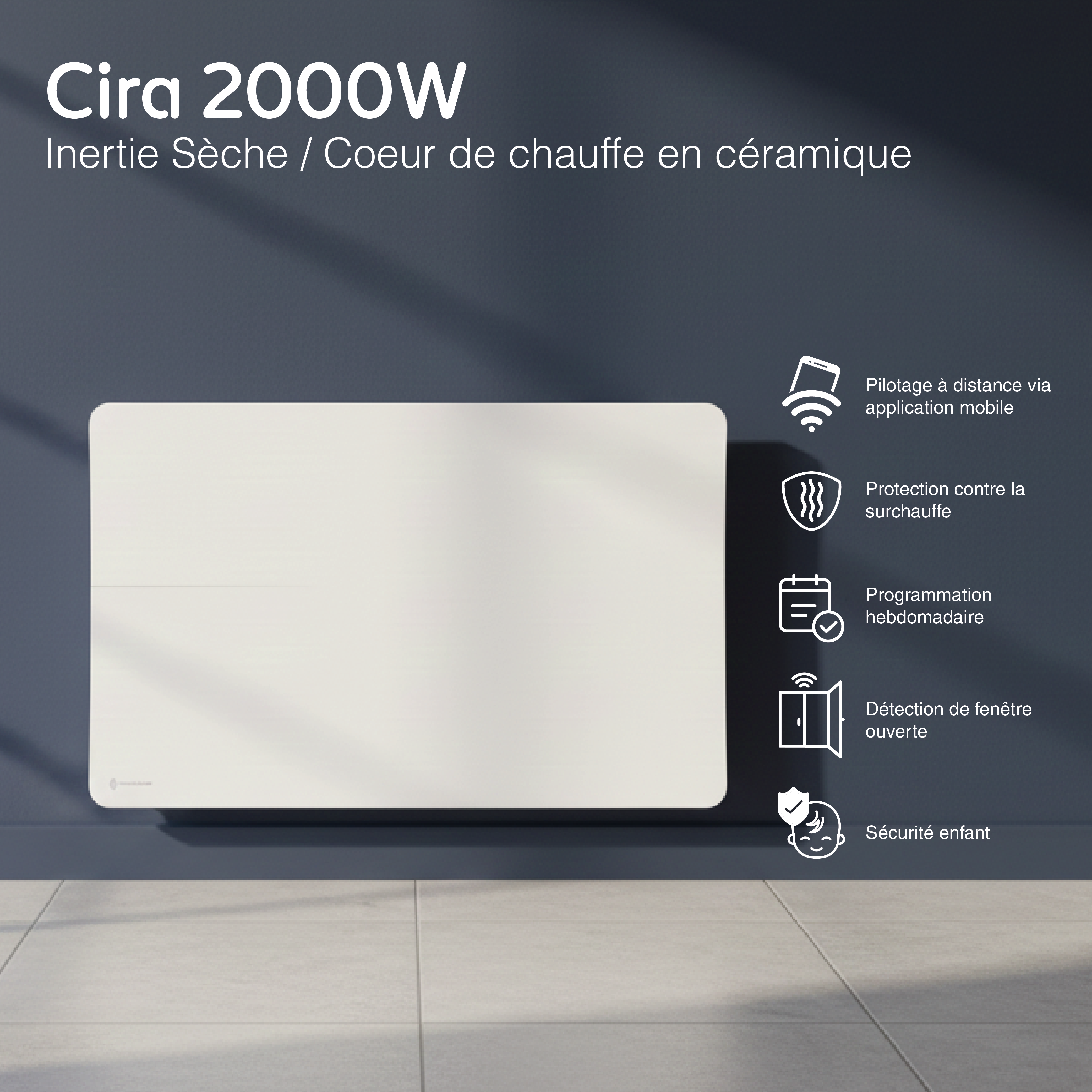 Radiateur électrique connecté 2000W double système de chauffe horizontal Blanc Cira