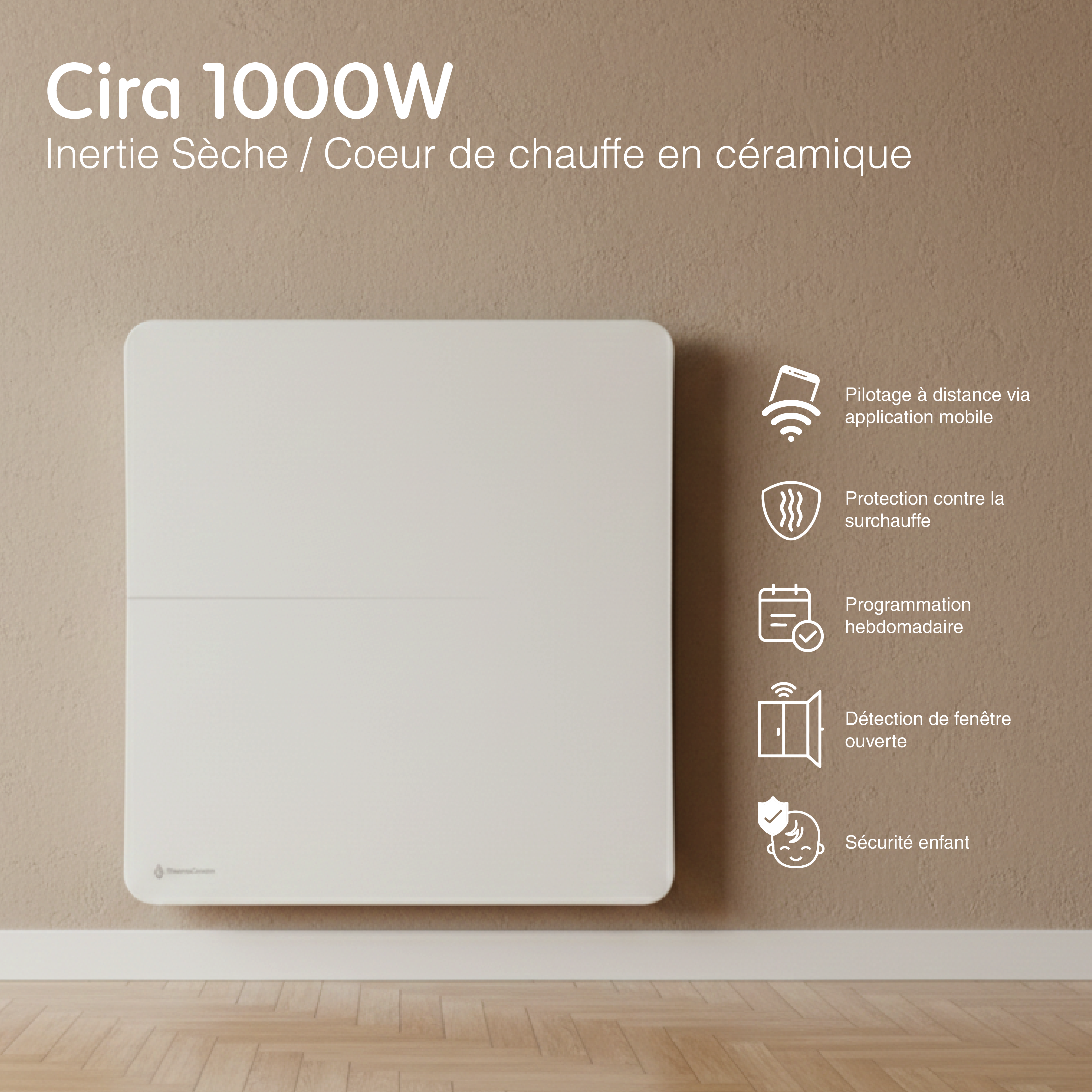 Radiateur électrique connecté 1000W double système de chauffe horizontal Blanc Cira
