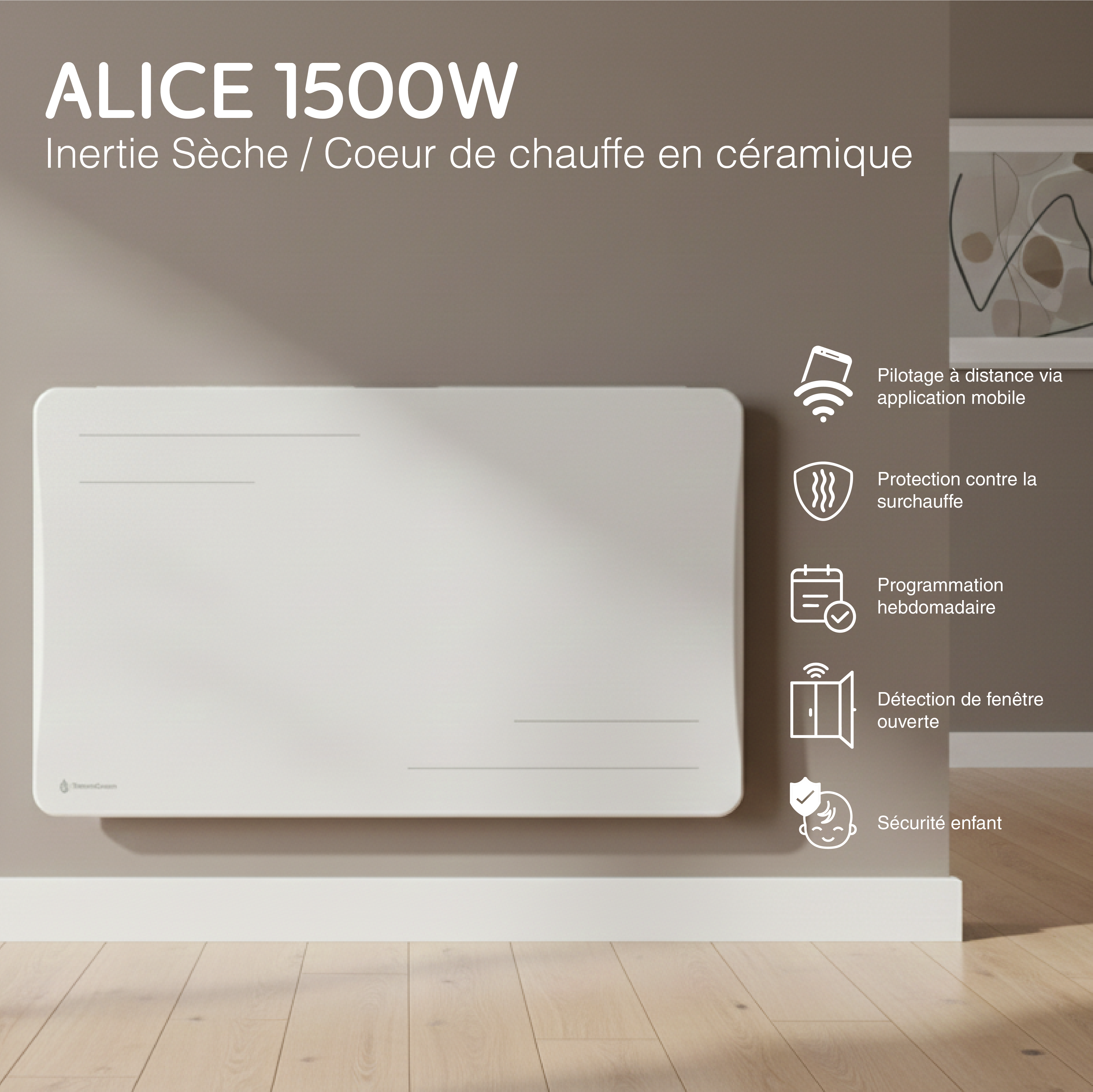 Radiateur électrique connecté 1500W à inertie sèche céramique horizontal Blanc Alice